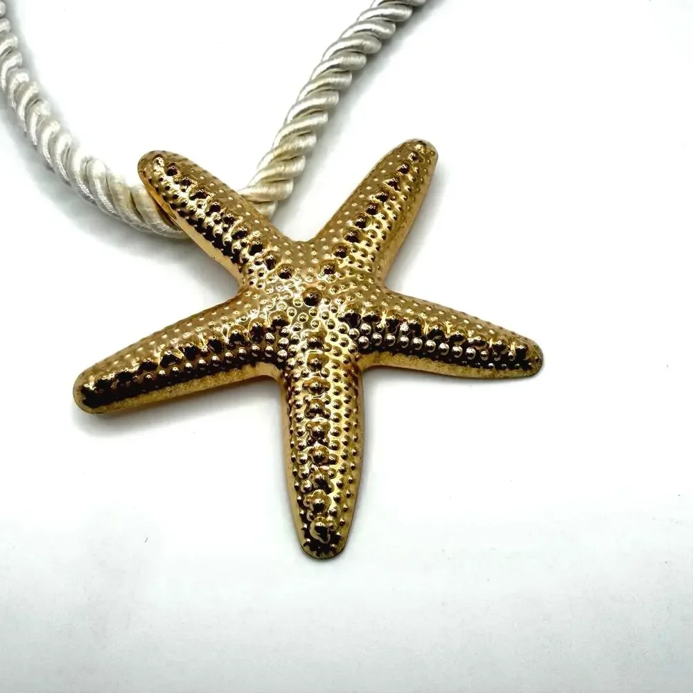 Gold Starfish Pendant Nautical Rope Statement Necklace